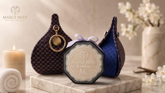 The Marcé Noir case and box on marble