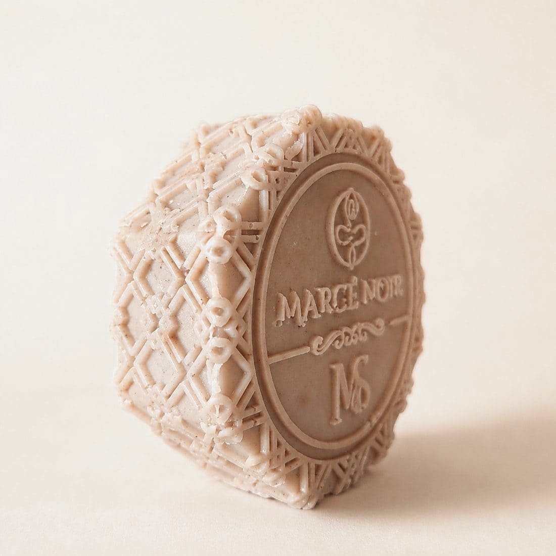 Marcé Noir moisturizing body soap, engraved octagonal bar — Engraving detail