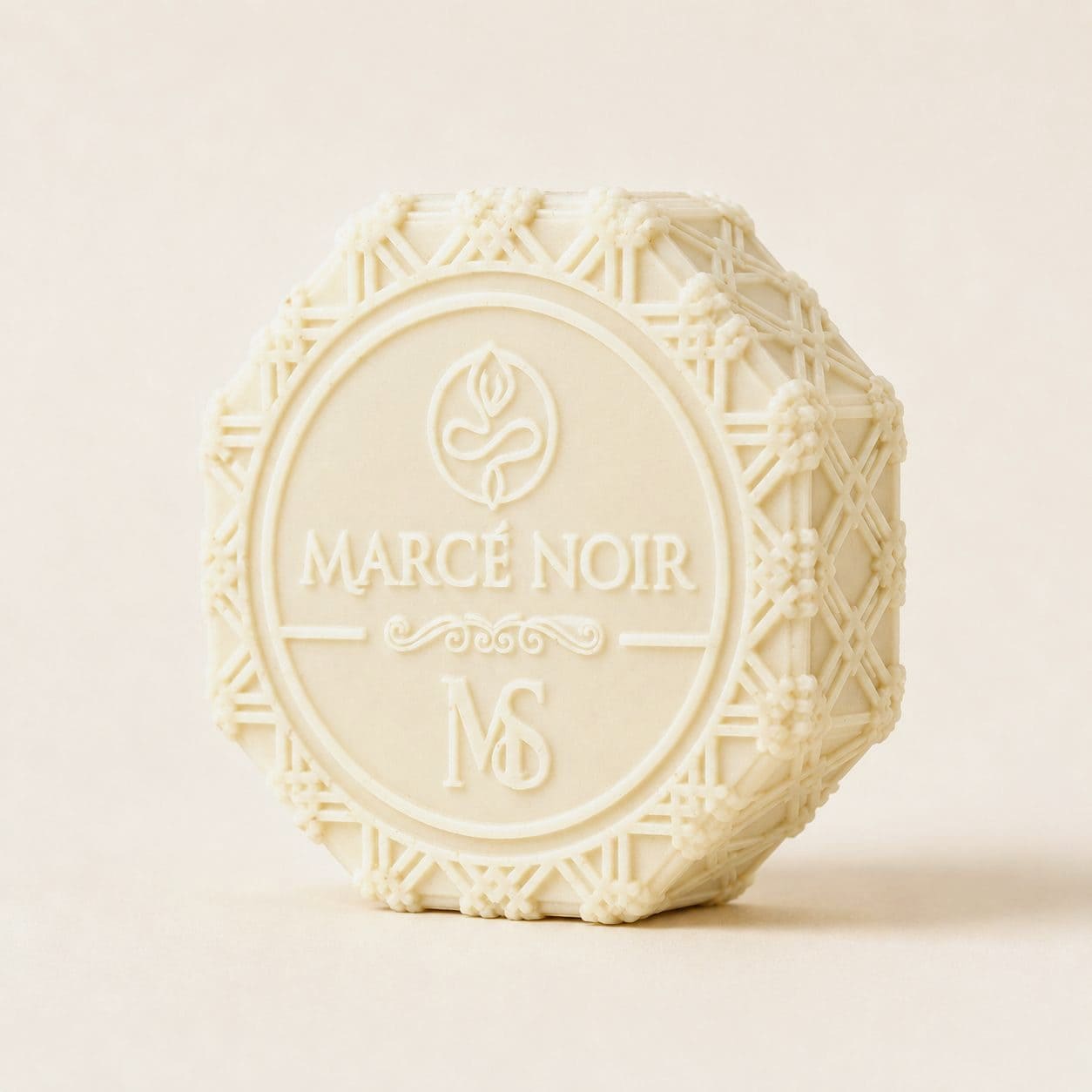 Marcé Noir anti-aging facial soap, engraved octagonal bar — Engraving detail