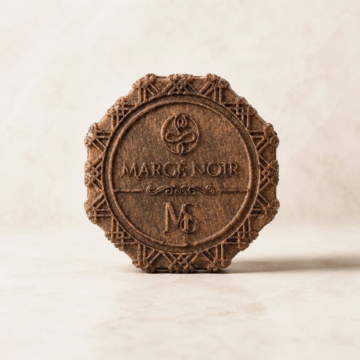 Men's Soap Marcé Noir, barra corporal rojo café grabada con el monograma