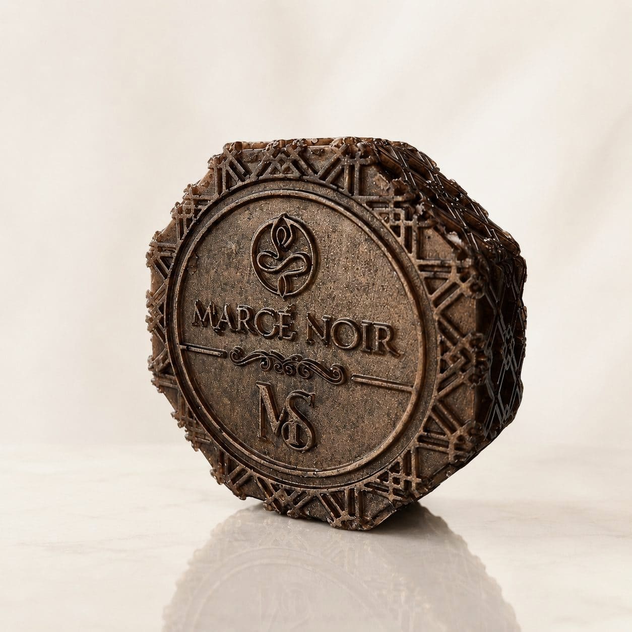 Men's Soap Marcé Noir, barra corporal rojo café grabada con el monograma