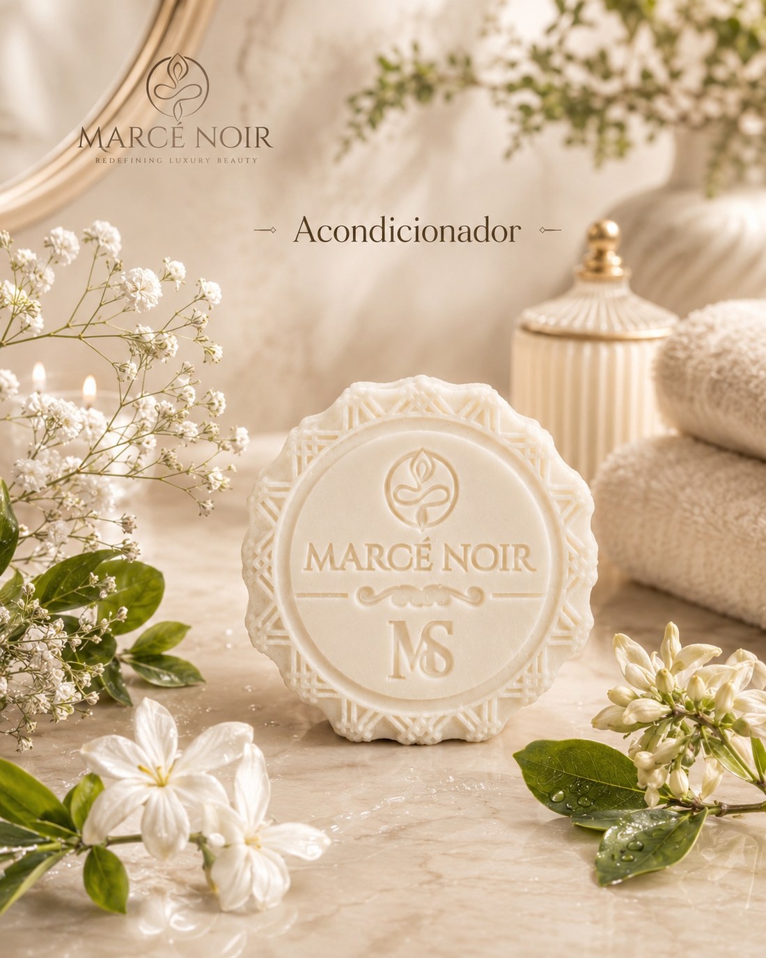 Acondicionador sólido Marcé Noir grabado con el monograma, entre jazmines