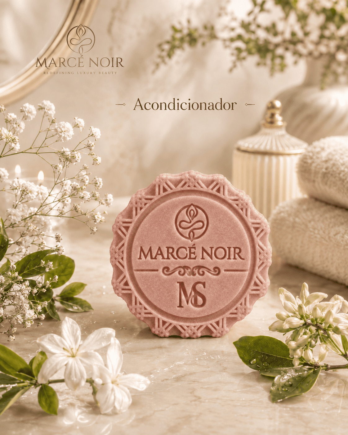 Acondicionador sólido Marcé Noir grabado con el monograma, entre jazmines