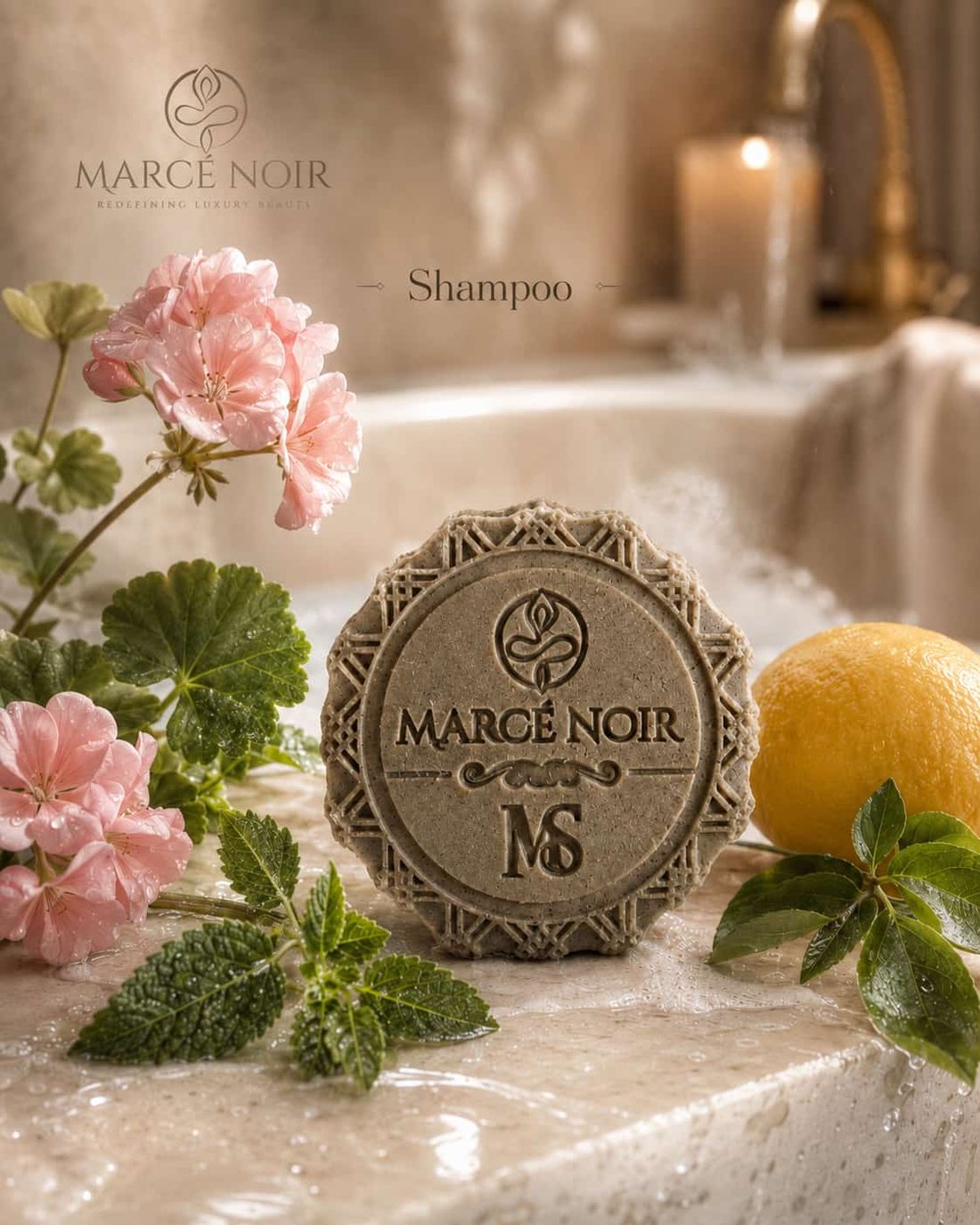 Shampoo sólido Marcé Noir grabado con el monograma, entre flores y limón