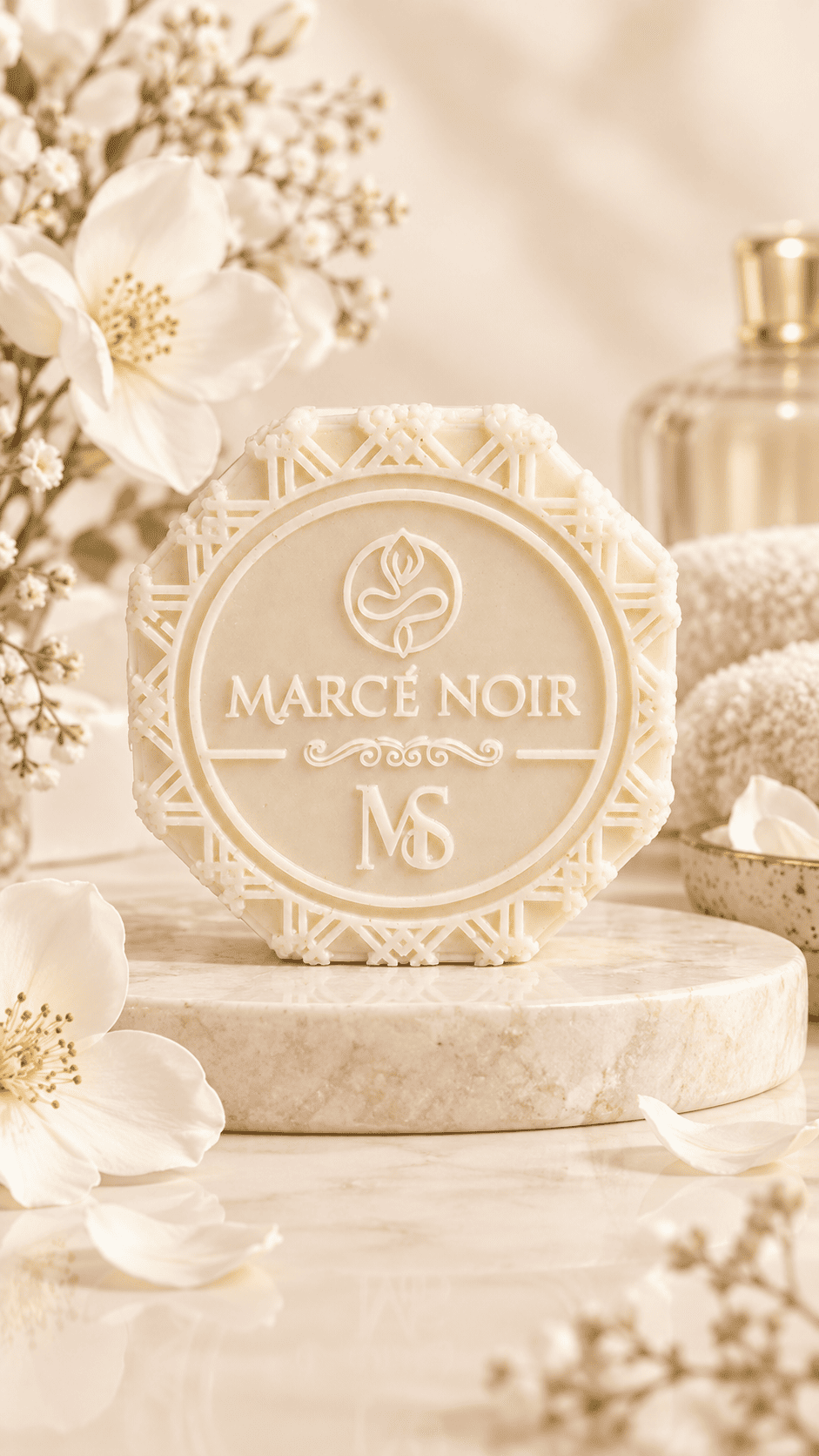 Jabón antiedad facial Marcé Noir en su estuche octagonal, junto a la caja Signet