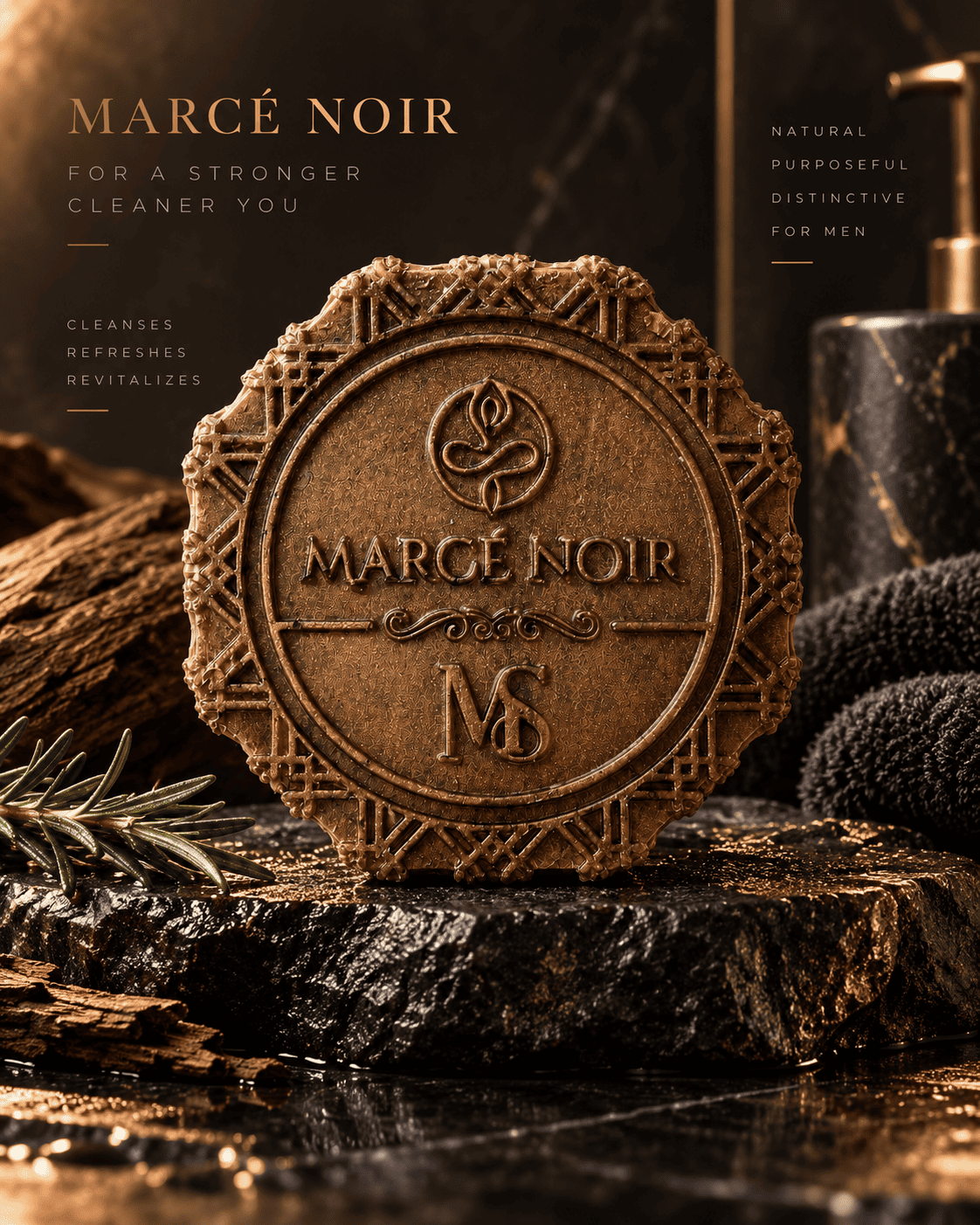 Men's Soap Marcé Noir, barra corporal rojo café grabada con el monograma