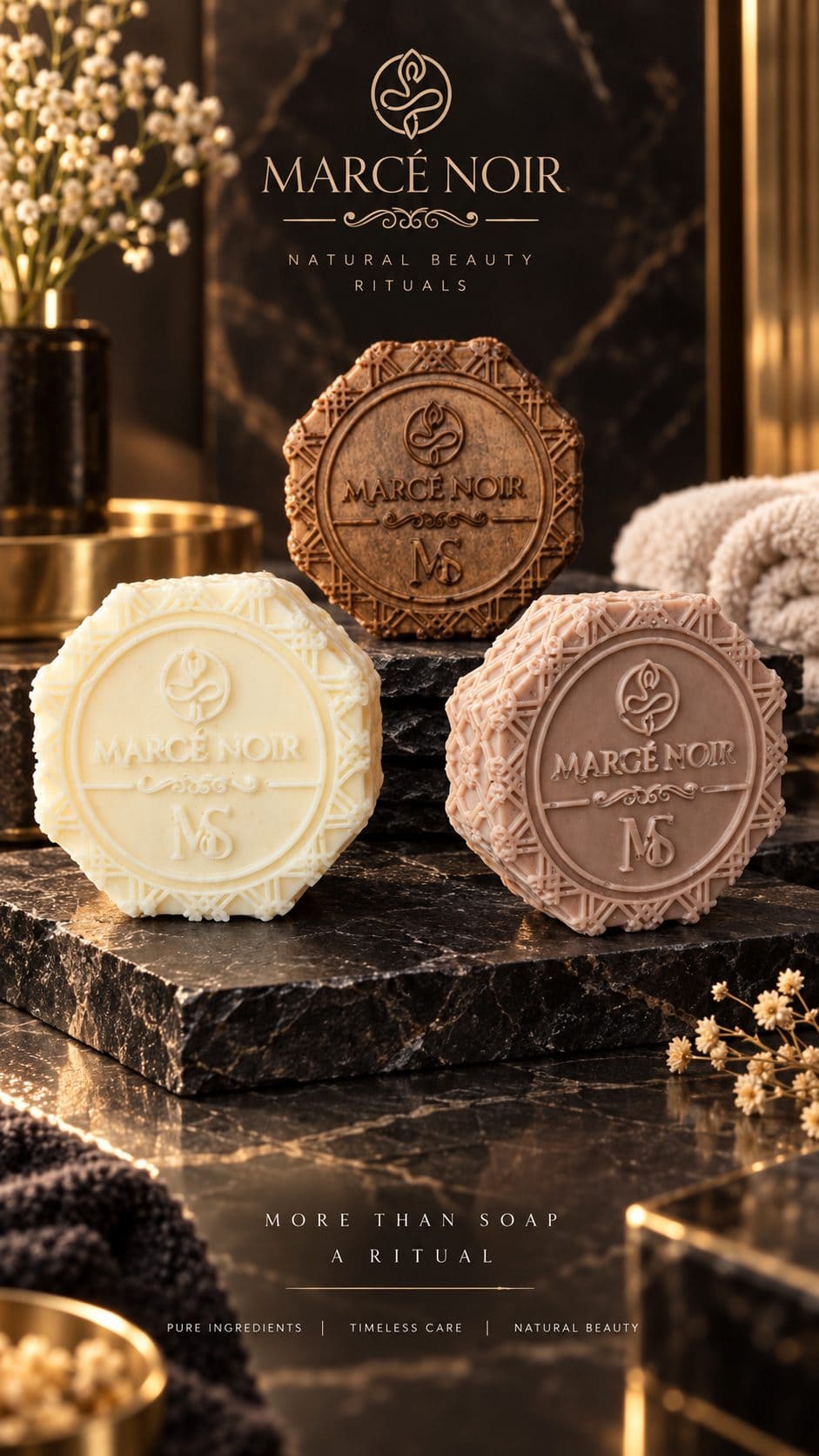 Marcé Noir solid soap in its octagonal case, on marble